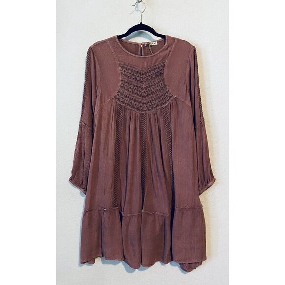 Kings Road Dress Womens Large Mauve Crochet Gauzy Long Sleeve Flowy Boho Peasant - Picture 1 of 7